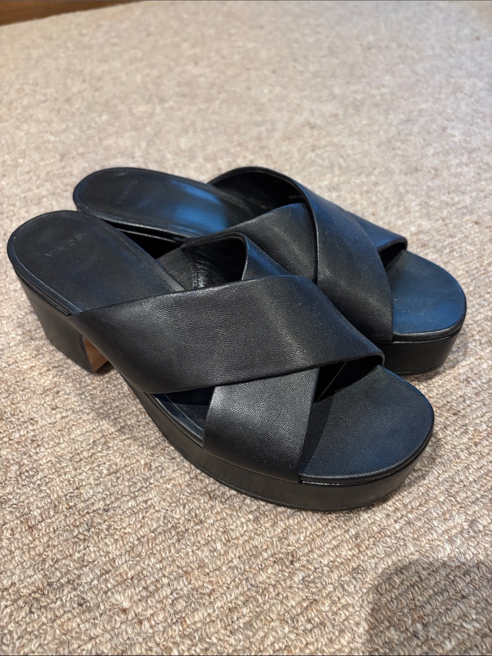 Vince Black Crisscross Wedge Slide Sandals